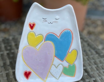 Ceramic plate shaped as a cat with heart motif, tapas plate hand-made, handmade children's breakfast plate, antipasti plate