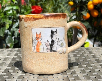 Ceramic teacup with cat motif, hand-thrown coffee mug with cats, gift for cat lovers, cappuccino cups with cats set