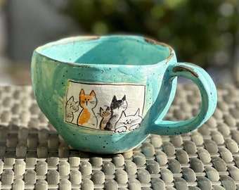 Hand-thrown cappuccino mug with cat motif, turquoise ceramic mug, cat tea mug, gift for cat lovers, latte mug