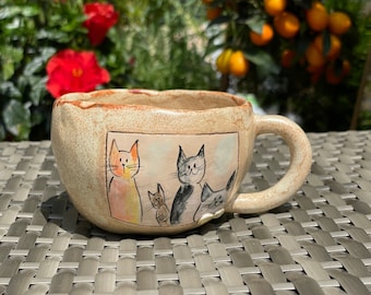Milk coffee cup with animal motif, ceramic; tea cup with cats, hand-shaped; cappuccino mug, hand-thrown; ceramic mug, handmade
