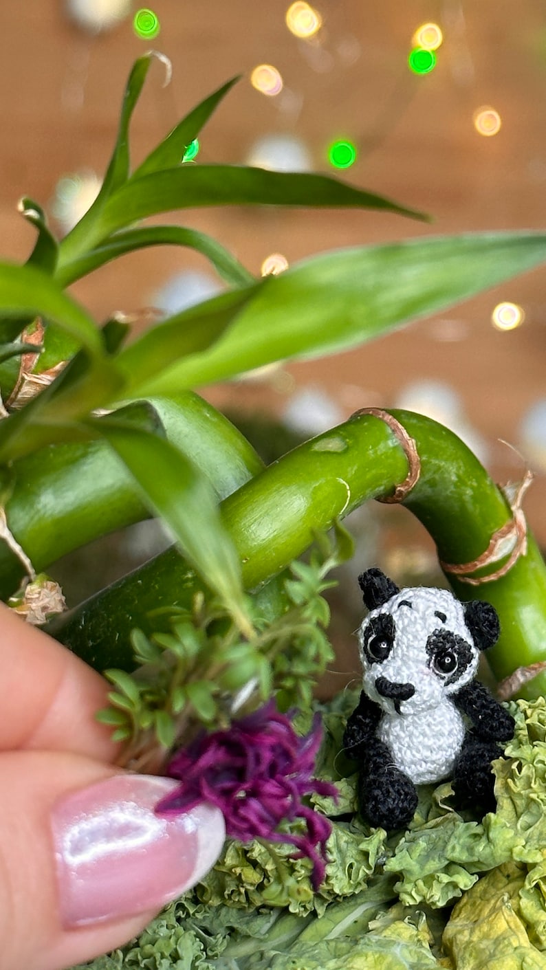 May include: A miniature crocheted panda bear with black and white details sits among green plants and moss. The panda is next to a green bamboo stalk. A hand holds a small purple flower.