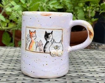 Hand-thrown teacups with cat designs, hand-painted children's mugs with animal motifs, ceramic latte mugs, mugs with cat motifs, cat cups