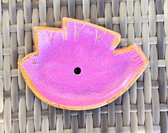 Purple handmade ceramic soap dish with bird motif, hand-made soap tray, bowl for soap as bird hand-shaped, sponge tray