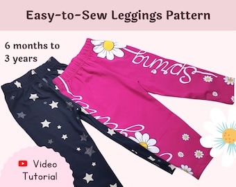 Patrón de costura fácil para leggings de niña pequeña, videotutorial, patrón de leggings para bebé, patrón de costura para pantalón de niña, patrón de costura imprimible en PDF