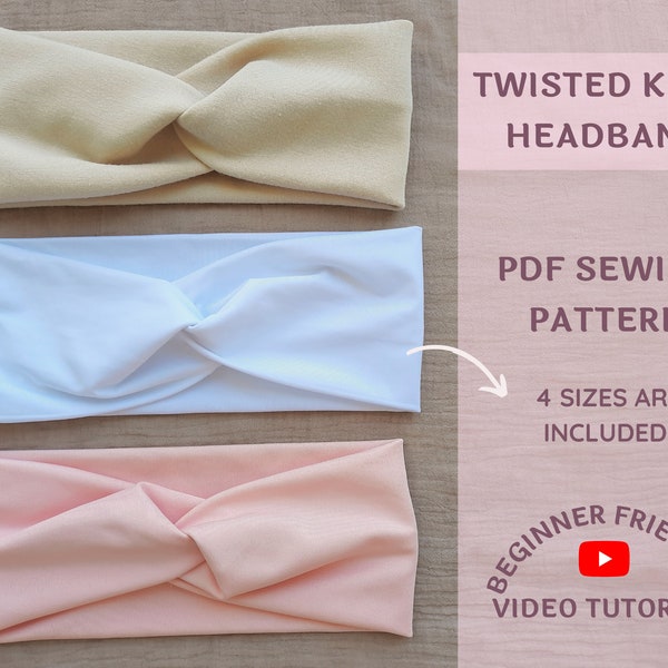 Twist Headband Pattern Easy Sewing, Front Knotted PDF Instant Download Easy Beginner Video Instructions Criss Cross HairBand Women Head Wrap