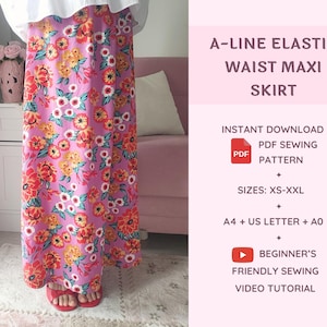 May include: A-line elastic waist maxi skirt with a floral pattern in shades of pink, red, and yellow. The text reads: A-LINE ELASTIC WAIST MAXI SKIRT, INSTANT DOWNLOAD PDF SEWING PATTERN, SIZES: XS-XXL, A4 + US LETTER + A0, BEGINNER'S FRIENDLY SEWING VIDEO TUTORIAL.
