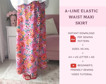 A-Line Long Skirt EASY PDF Sewing Pattern | Beginner Elastic Waist Printable Pattern | Women's Maxi Summer Skirt Video Tutorial