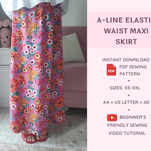 Falda larga de corte A: patrón de costura fácil en PDF / Tutorial en vídeo para principiantes / Falda larga de verano para mujer con cintura elástica / Descarga instantánea