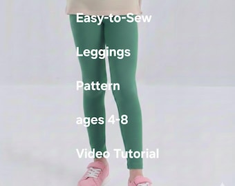 Patrón de leggings fáciles de coser para niñas pequeñas, videotutorial, leggings para niña, pantalón para niña, PDF imprimible, patrón de leggings fáciles de coser para edades de 4 a 8 años.