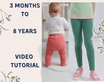 Videotutorial de costura de leggings para bebés y niños de 3 meses a 8 años, patrón de leggings para niños pequeños, patrón de costura de pantalones para niños, PDF imprimible