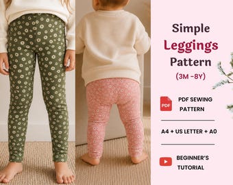 Baby & Kids EASY Leggings Sewing Pattern, Girls, Toddler Leggings PDF Printable Pattern, Video Tutorial (4M-8Y)