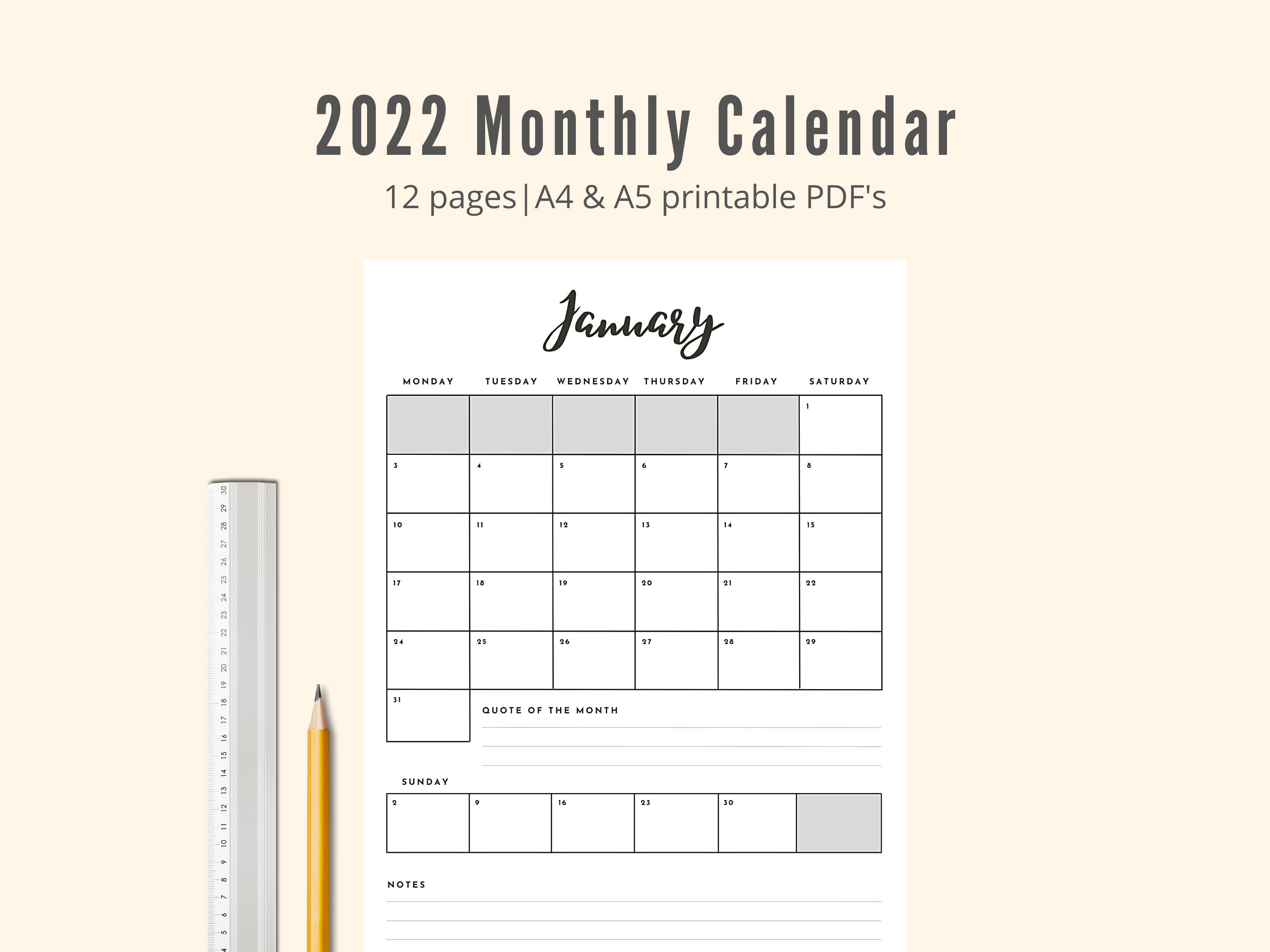 2022 monthly calendar portrait printable calendar minimalist etsy