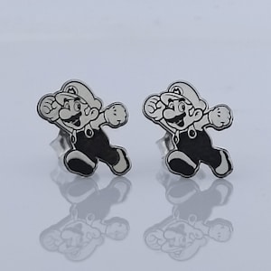 Zilveren Mario Stud Oorbellen, Computer Game Sieraden, Cartoon Oorbellen, Cartoon Sieraden, Cadeau voor kinderen