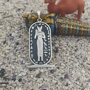 Silver Egyptian Cat Goddess Necklace, Bastet, Bast Goddess Jewelry, Ancient Egypt Cat Necklace, Egyptian Symbol Jewelry, Can Be Personalized