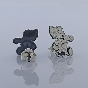 Zilveren Pinokkio Stud Oorbellen, Cartoon oorbellen, Cartoon sieraden, cadeau voor kinderen