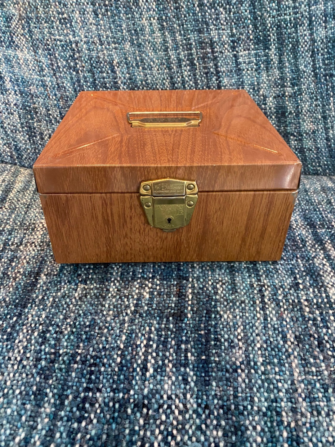 Vintage Portafile Check File Metal Storage Box W/ Key Wood Lithograph