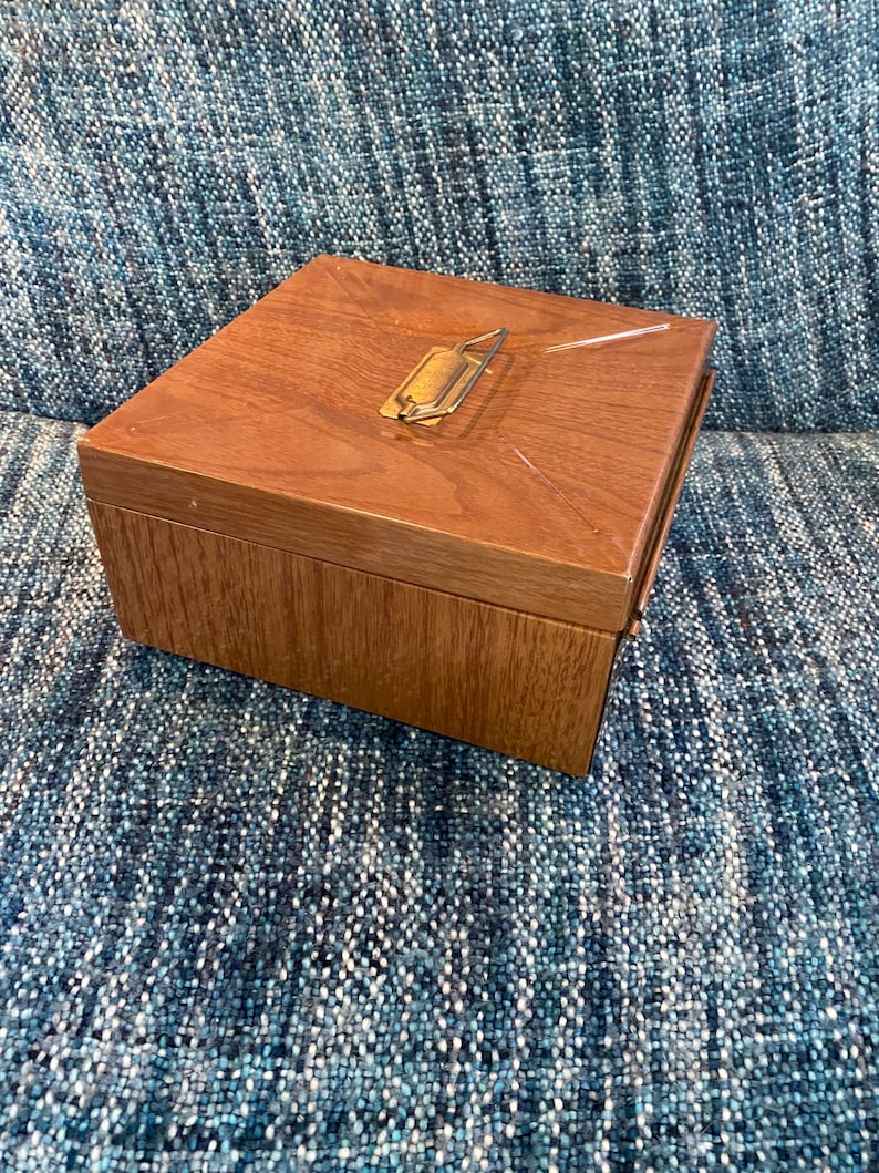 Vintage Portafile Check File Metal Storage Box W/ Key Wood Lithograph
