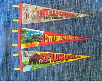 Vintage Felt Pennant Flags Varios estilos - Atracciones turísticas, Estados de EE. UU. Circa: 1970's, 60's & 50's