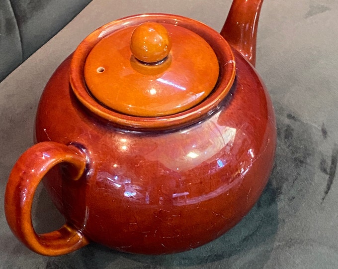 Vintage 1970's pristine England Ceramic Tea Kettle, Traditional Rockingham Brown Glaze English