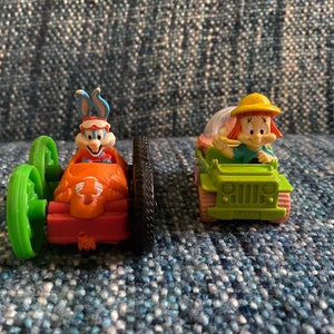 Vintage 1990&#39;s Warner Brothers Tiny Toons Set of Elmyra in Green Jeep Car and Buster Bunny / Elmyra Flip Car - McDonald&#39;s Happy Meal