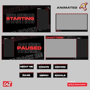Könnte beinhalten: Ein schwarzes und rotes Twitch-Stream-Overlay mit dem Text "Starting Soon" und "Paused" in Rot. Das Overlay enthält auch Abschnitte für Chat, Animation und Chatten. Es gibt auch Schaltflächen für "About Me", "Donate", "Discord", "Rules", "Merch" und "Socials".