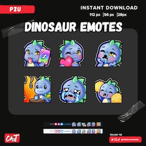 May include: A set of six animated dinosaur emotes featuring a blue and green dinosaur with different expressions. The emotes include a dinosaur holding a card, a dinosaur holding a heart, a dinosaur with its mouth open, a dinosaur holding a cup of coffee, a dinosaur crying, and a dinosaur holding a cookie.