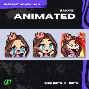 Emotes animados de Twitch / Pack de emoticones de princesa chibi morena / Ojos azules / Lindos gráficos de transmisión de anime / Estética kawaii / Emote de reina
