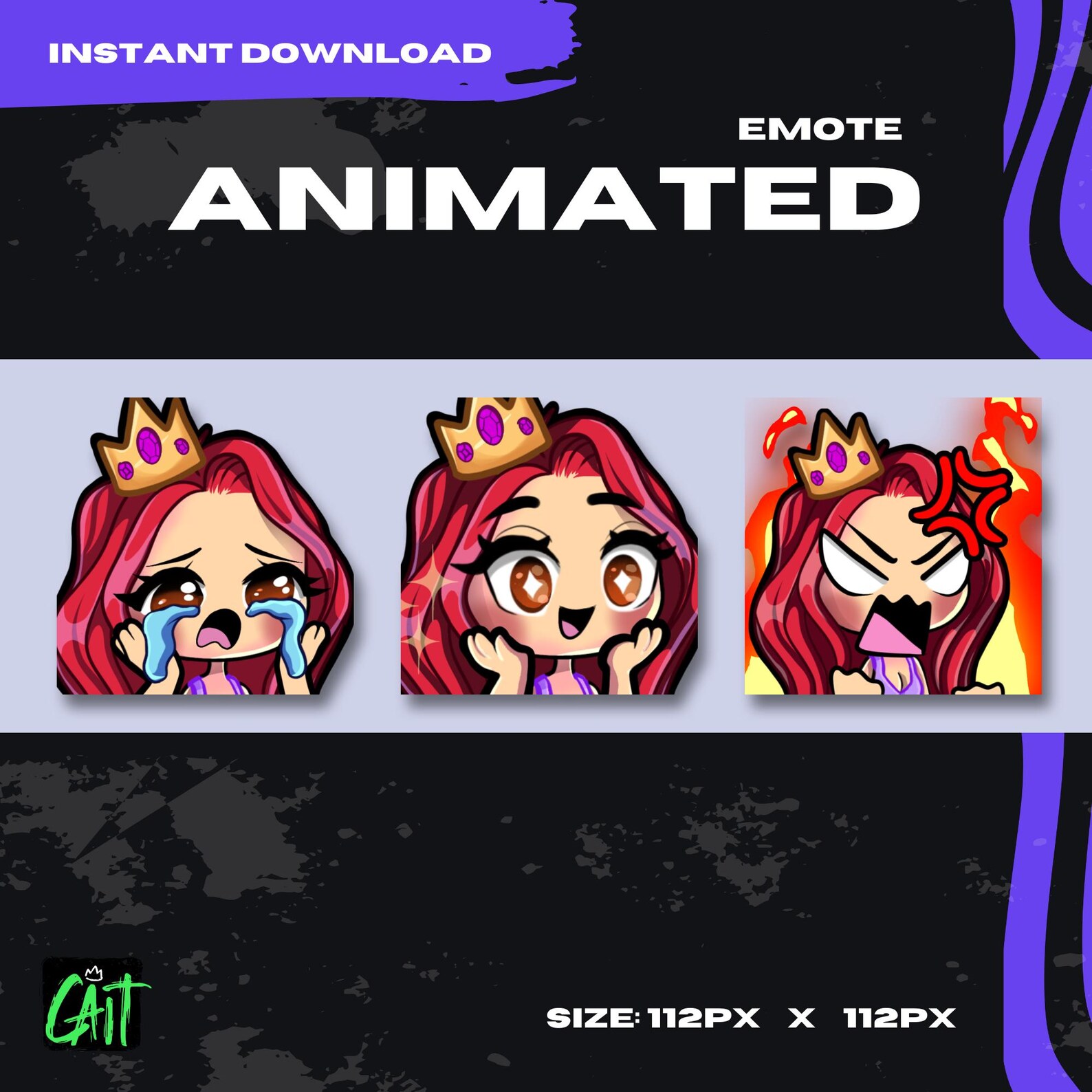 Animated Princess Chibi Twitch Emotes: Red Hair Queen (digital Download ...