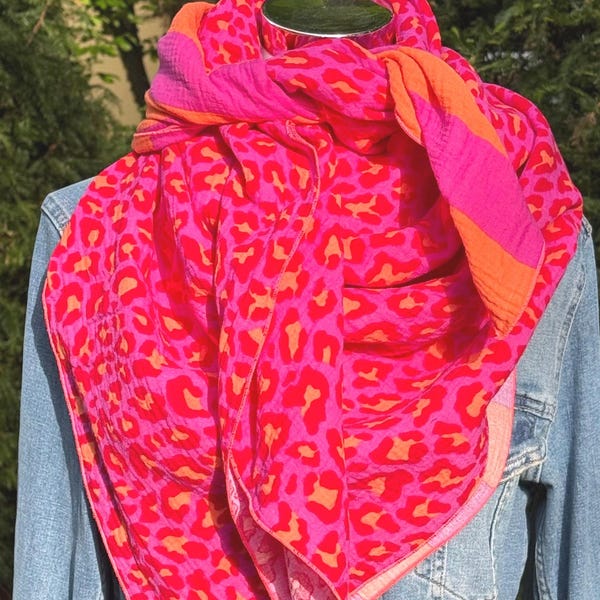 Women's XXL muslin scarf, neckerchief, muslin shawl, neon, gift for girlfriend, cuddly blanket, neon pink and neon orange block stripes