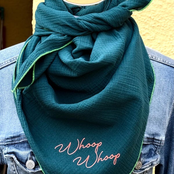 Muslin scarf approx. 100 x 100 cm, dark green "Whoop Whoop" design, gift for girlfriend, cuddly scarf, neckerchief