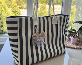 Striped Canvas Tote Bag: Green & Cream Eco Shopper with Keychain