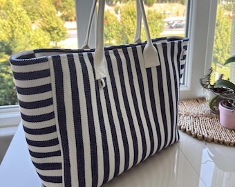 Striped Canvas Tote Bag: Dark Blue Cotton Beach Bag with Keychain