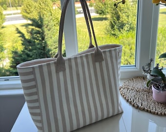 Striped Canvas Tote Bag: Light Brown Cotton Beach Bag with Keychain