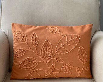 Handmade Punch Needle Pillow Cover: Orange Linen Leaf Design (14x20)