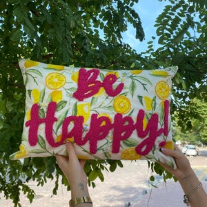 Funda de almohada decorativa con estampado de limón y cuentas perforadas, funda de almohada amarilla Be Happy, regalo para amantes de las plantas, bonita decoración para el hogar hecha a mano