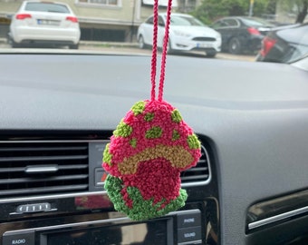 Car Mirror Hanging, Pink Mushroom Rear-View Mirror Hanging, Car Accessories, New Car Gift, Gift for New Car, Punch Needle Car Decor