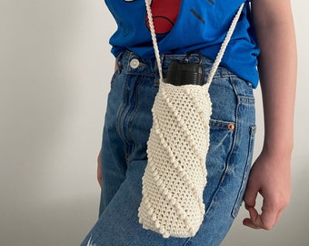 Handmade Crochet Water Bottle Holder: Cream Cotton Crossbody Bag