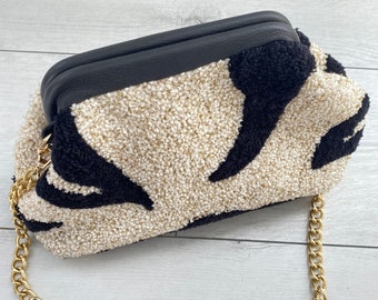 Handmade Punch Needle Clutch Bag: Leather Detail Women's Accessory