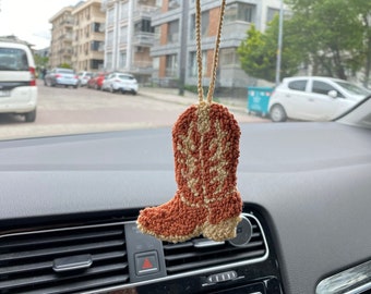 Süßes Autospiegel-Hängezubehör, rosa Cowgirl-Stiefellochnadel-Autoaufhänger, Rückspiegel-Aufhänger, Boho-Charm-Dekor, Geschenk für neues Auto