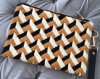 Punch Needle Embroidery Geometric Pattern Clutch Bag, Handmade Women Tufted Handbag, Gift For Her, Valentine Gift