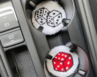 Black and Red Dice Car Coasters, Handmade Car Accessories, Set of 2 Punch Needle Car Coasters, Gift for New Car, Poker Chip Car Coasters