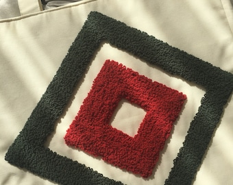 Borsa tote in tessuto Punch Needle fatta a mano: borsa della spesa in lino con ricamo geometrico