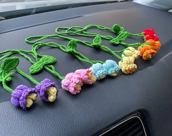 Crochet Flower Car Mirror Hanging Accessories, Car Interior Rear View Mirror Decor for Teenagers and Women, Car Hanging Charm Accessory