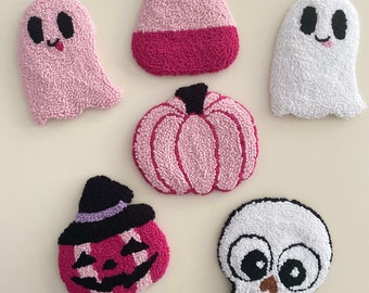 Funny and Scary Coasters for Halloween, Punch Needle Handmade Pumpkin and Ghost Mug Rug, Halloween Gift, Gift For Your Loved Ones Idea