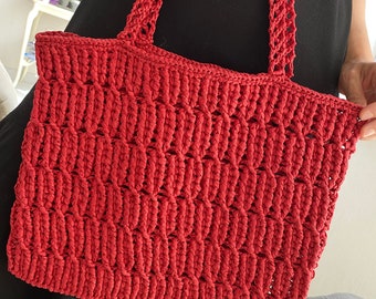 Handwoven Red Raffia Tote Bag: Crochet Boho Summer Bag