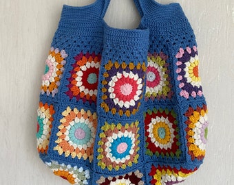 Colorful Granny Square Crocheted Tote Bag: Blue Crochet Purse