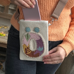 Punch Needle Embroidered Mini Crossbody Phone Bag, Personalized Gift Bag, Custom Punch Needle Bag, Handmade Initial Embroidered Tote Bag