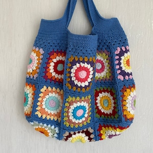 Colorfull Granny Square Crocheted Shoulder Bag, Blue Crochet Purse For Women, Handwoven Tote Bag, Knit Crochet Bag, For Women Christmas Gift