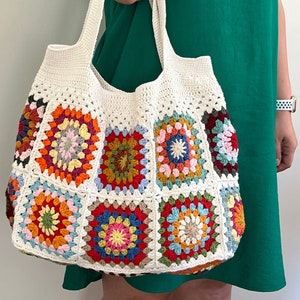 Colorfull Granny Square Crocheted Shoulder Bag, White Crochet Purse For Women, Handwoven Tote Bag, Knit Afghan Bag, Christmas Gift