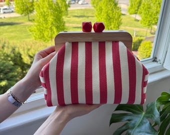 Red Striped Canvas Kiss-Lock Clutch: Handmade Boho Purse